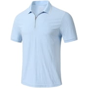 QPNGRP Mens Zipper Polo Shirts Short Sleeve Moisture Wicking Dry Fit Striped Casual Golf Shirts for Men SkyBlue L