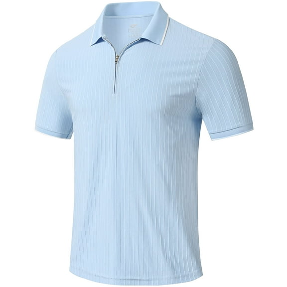 QPNGRP Men's Zipper Polo Shirts Short Sleeve Moisture Wicking Dry Fit Striped Casual Golf Shirts for Men SkyBlue XL