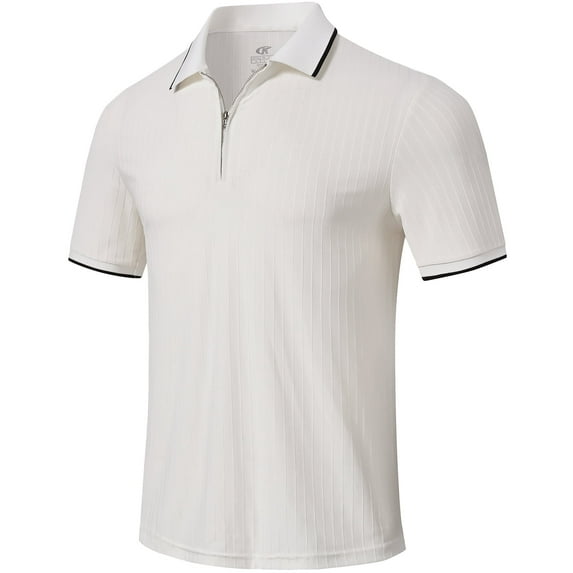 QPNGRP Men's Zipper Polo Shirts Short Sleeve Moisture Wicking Dry Fit Striped Casual Golf Shirts for Men White 2XL