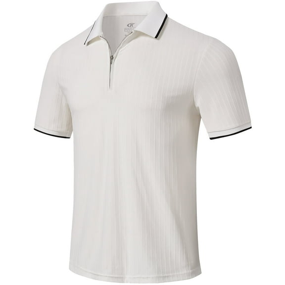 QPNGRP Men's Zipper Polo Shirts Short Sleeve Moisture Wicking Dry Fit Striped Casual Golf Shirts for Men White M
