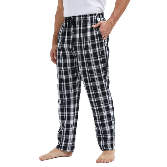 QPNGRP Mens Fleece Plaid Pajama Pants Bottoms with Pockets Cozy Sleepwear Lounge Wear Black L