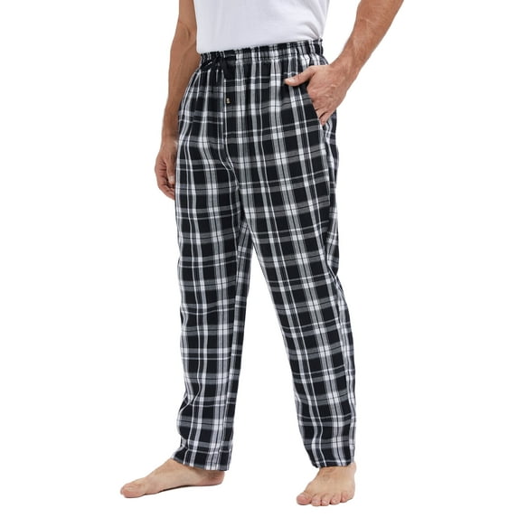 QPNGRP Mens Fleece Plaid Pajama Pants Bottoms with Pockets Cozy Sleepwear Lounge Wear Black M