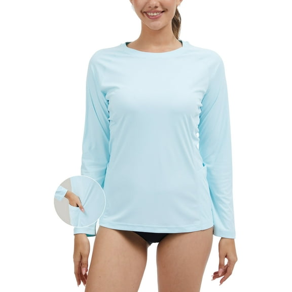 QPNGRP Women's Long Sleeve Rash Guard with Pockets UPF 50 SPF Dry Fit UV Protection Shirt for Swim Hiking Workout Iceblue