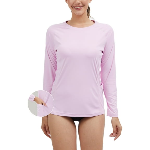 QPNGRP Women's Long Sleeve Rash Guard with Pockets UPF 50  SPF Dry Fit UV Protection Shirt for Swim Hiking Workout Purple
