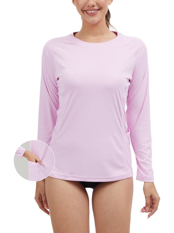 Women's Long Sleeve Rash Guard with Pockets UPF 50+ SPF Dry Fit UV Protection Shirt for Swim Hiking Workout Purple