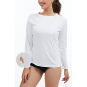 QPNGRP Womens Long Sleeve Rash Guard with Pockets UPF 50+ SPF Dry Fit UV Protection Shirt for Swim Hiking Workout White