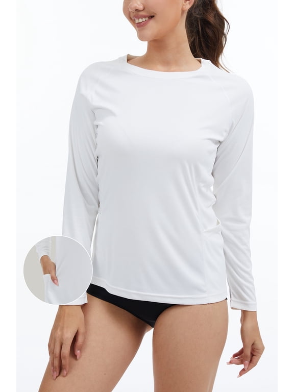 Women's Long Sleeve Rash Guard with Pockets UPF 50+ SPF Dry Fit UV Protection Shirt for Swim Hiking Workout White