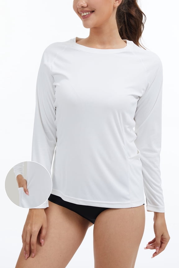 Women's Long Sleeve Rash Guard with Pockets UPF 50+ SPF Dry Fit UV Protection Shirt for Swim Hiking Workout White