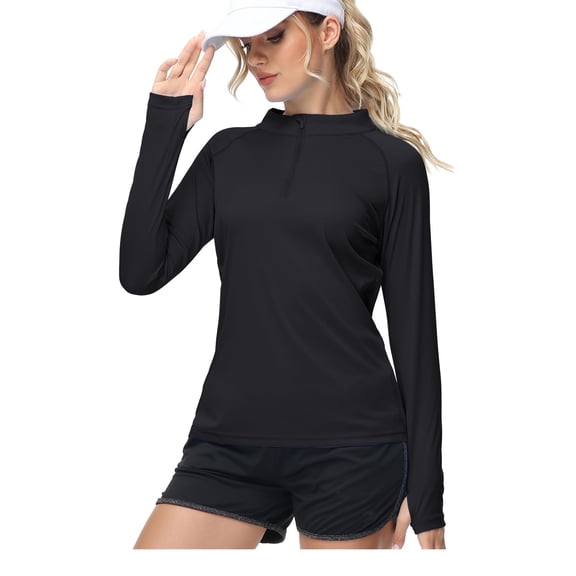 QPNGRP Women's Long Sleeve Shirts UPF 50  Sun Protection SPF Quick Dry Lightweight T-Shirt Swim Hiking Runing Fishing Tops Black M