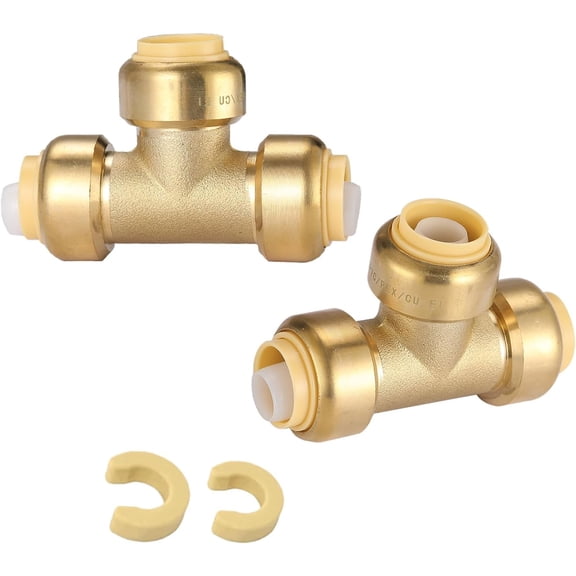 QPPOIH-2 PCS 1/2"x1/2"X1/2" Push Fit Tee,LF-Brass Fittings, Push to Connect PEX, Copper, CPVC, PE-RT Pipes, with Disconnect Clip for Plumbing Repairs
