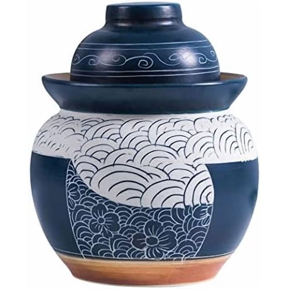 QPZK Blue Traditional Chinese Porcelain Pickle Jar, Ceramic Fermentation Crock Pickling Pot,Fermenting Jar With Water Seal Airlock Lid Stoneware Fermenter for Kimchi Saue 5KG