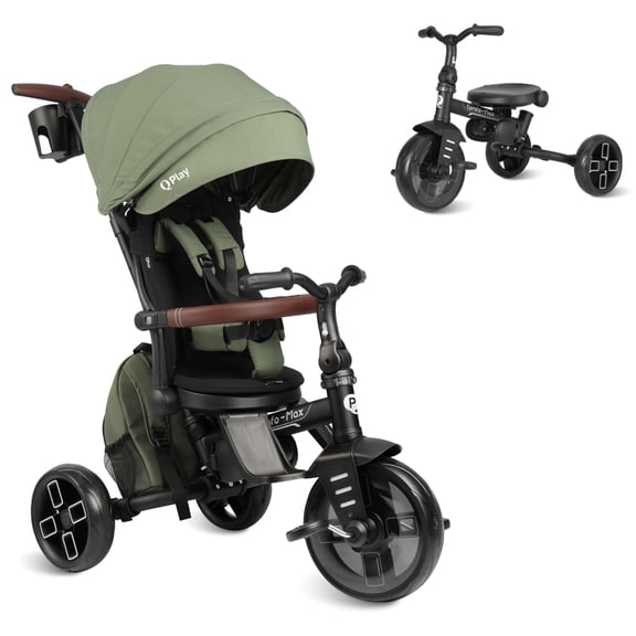 QPlay Baby Tricycle, 8-in-1 Foldable Toddler Tricycle Stroller for Baby 10 Months to 6 Years Old, Kids Trike for 2-5 Boys & Girls with Adjustable Handle, Triple Footrest, Canopy & Storage Bag