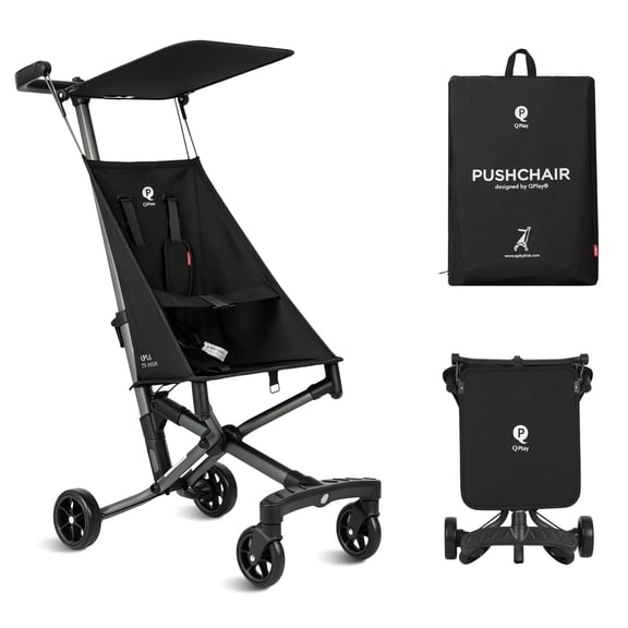 QPlay Lightweight Travel Compact Foldable One-Hand Fold Adjustable Canopy Umbrella Stroller with Backpack, Black