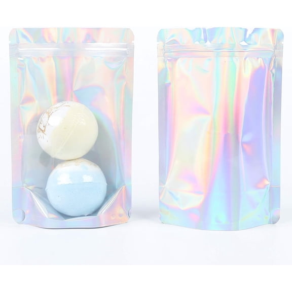 QQ Studio Pack of 100 Windowed or Double Sided Holographic Stand Up Packaging Bags with QuickQlick™ Seal for Food and Snacks (Clear & Silver Base Hologram, 20x30cm (7.9x11.8"))