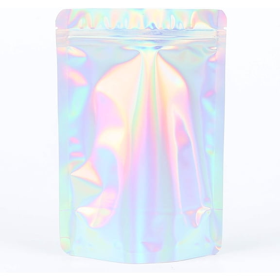 QQ Studio Pack of 100 Windowed or Double Sided Holographic Stand Up Packaging Bags with QuickQlick™ Seal for Food and Snacks (Double-Sided Silver Base Hologram, 20x30cm (7.9x11.8"))