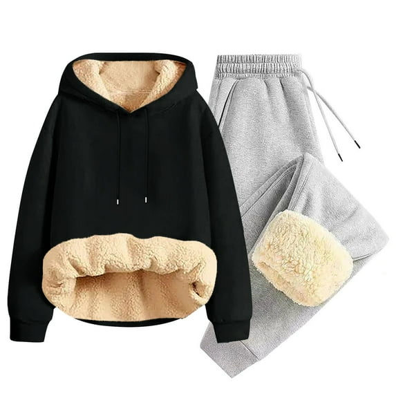 QQAMB 2 PCs Mens Fleece Tracksuit Full Set Fleece Lined Hoodies & Pants Outfit Casual Sweatsuits Activewear Trousers Sets