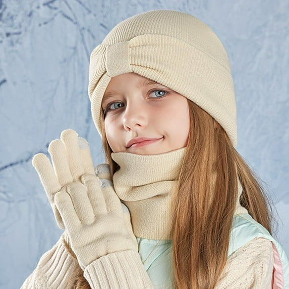 QQAMB 3 Pieces Kids Knitted Winter Hat Neck Wramer Scarf Gloves Set for Children Ages 3-8 for Toddler Boys Girls Beanie