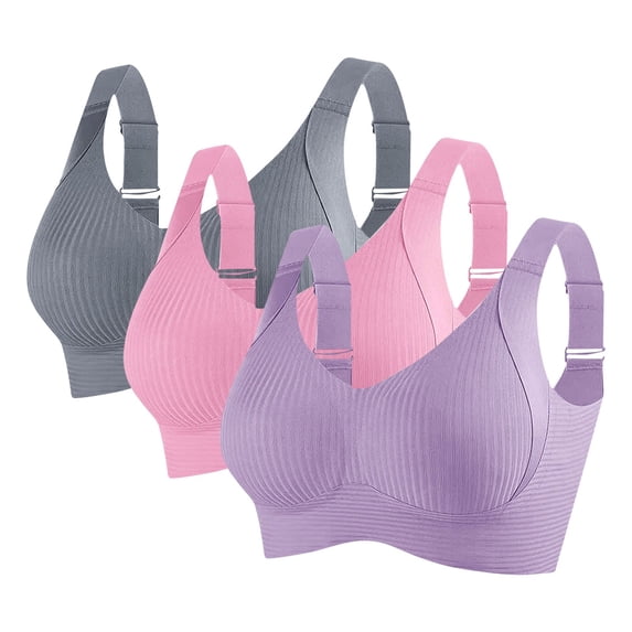 QQAMB 3PC Womens Wireless Bras No Underwire Push Up Bra Seamless Ribbed Cozy Full Coverage Adjustable Straps Everyday Bra