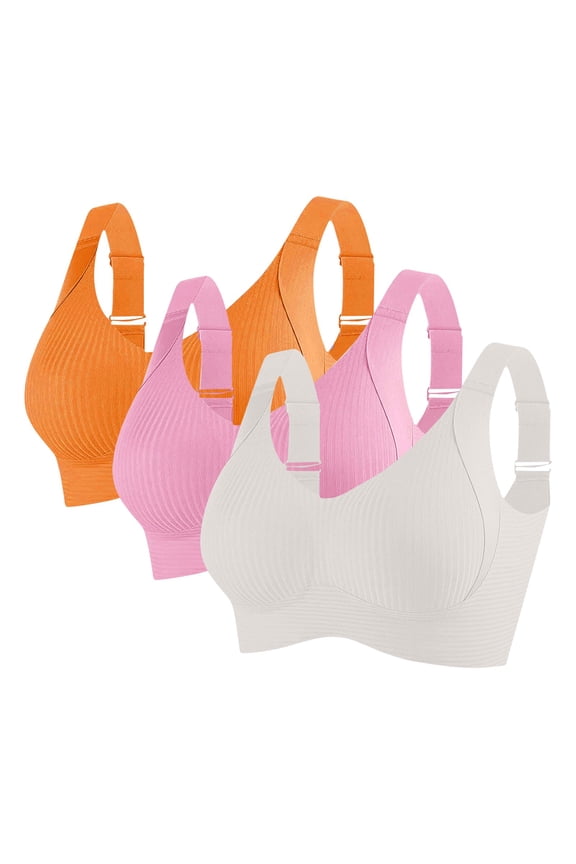 3PC Womens Wireless Bras No Underwire Push Up Bra Seamless Ribbed Cozy Full Coverage Adjustable Straps Everyday Bra