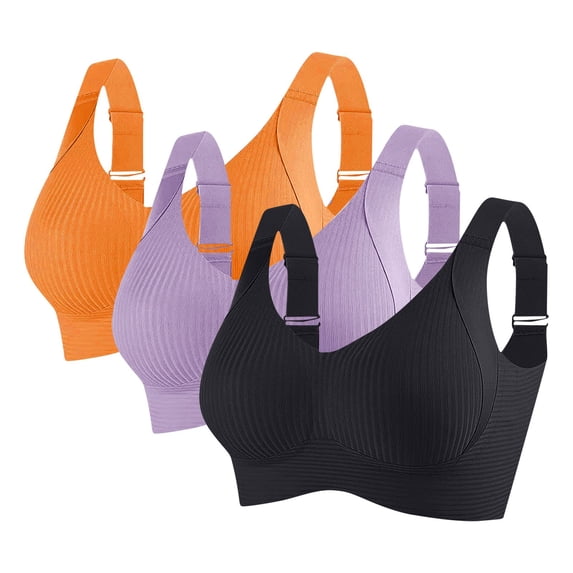 QQAMB 3PC Womens Wireless Bras No Underwire Push Up Bra Seamless Ribbed Cozy Full Coverage Adjustable Straps Everyday Bra