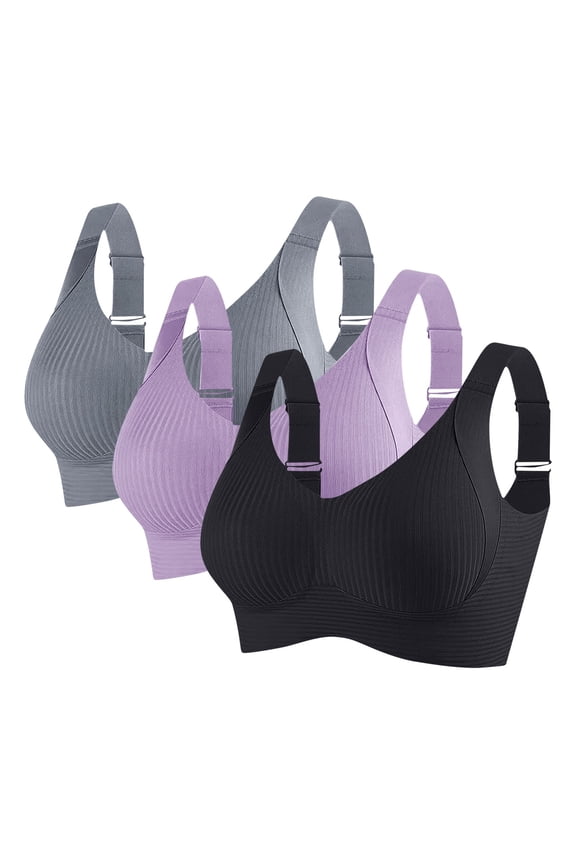 3PC Womens Wireless Bras No Underwire Push Up Bra Seamless Ribbed Cozy Full Coverage Adjustable Straps Everyday Bra