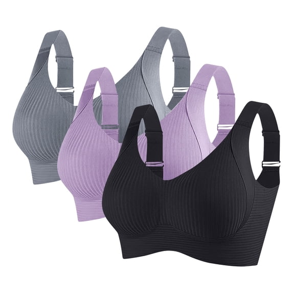 QQAMB 3PC Womens Wireless Bras No Underwire Push Up Bra Seamless Ribbed Cozy Full Coverage Adjustable Straps Everyday Bra