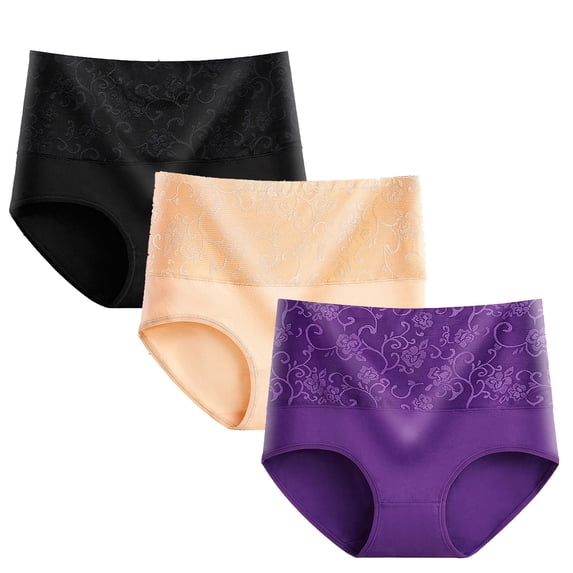 QQAMB 3PCs Women's Briefs High Waisted Cotton Underwear Soft Breathable Full Coverage Stretch Briefs Ladies Panties Plus Size