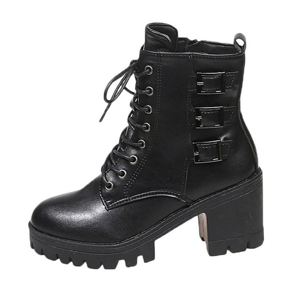 QQAMB Ankle Boots for Women Chunky High Heel Platform Bootie Lace Up Round Toe Short Boots Buckle Strap Bootie with Side Zipper