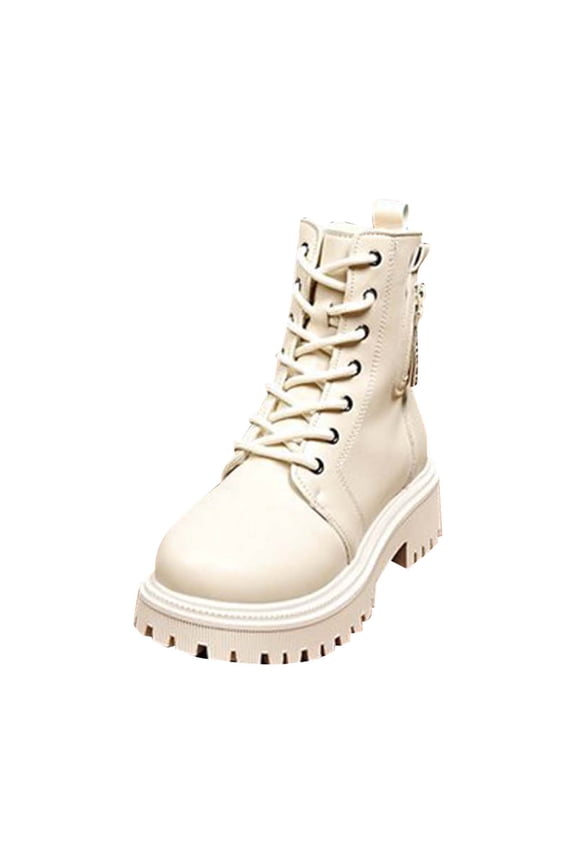 Ankle Boots for Women Lace Up Lug Sole Combat Booties PU Leather Side Zipper Platform Riding Boot