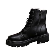 QQAMB Ankle Boots for Women Lace Up Lug Sole Combat Booties PU Leather Side Zipper Platform Riding Boot