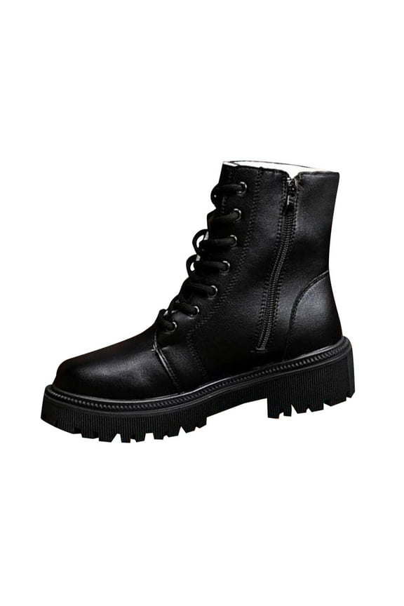 Ankle Boots for Women Lace Up Lug Sole Combat Booties PU Leather Side Zipper Platform Riding Boot