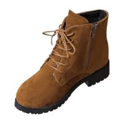 QQAMB Ankle Boots for Women Suede Round Toe Booties Lace Up Low Heel Short Boot Pink Combat Casual Bootie with Side Zipper
