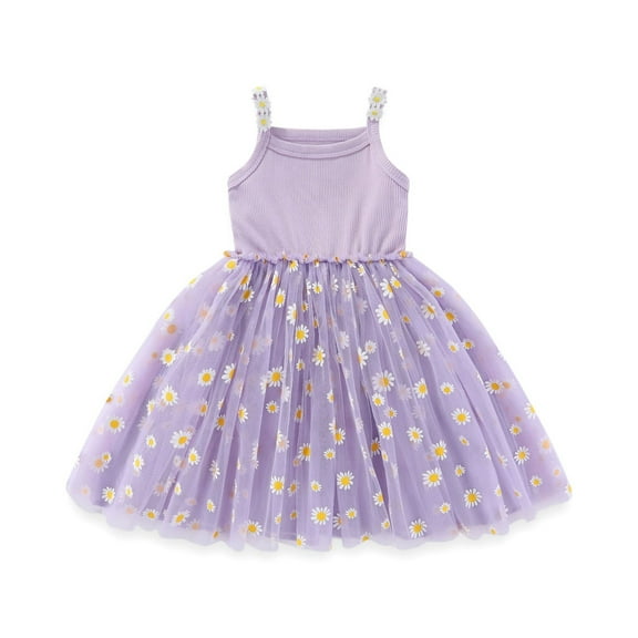 QQAMB Baby Daisy Dress Sleeveless Spaghetti Straps Daisy Floral Tulle Dresses Toddler Spring Summer Dresses