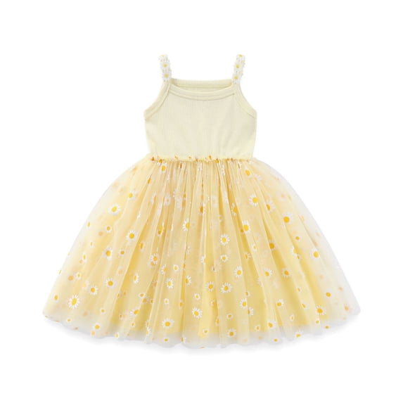 QQAMB Baby Daisy Dress Sleeveless Spaghetti Straps Daisy Floral Tulle Dresses Toddler Spring Summer Dresses