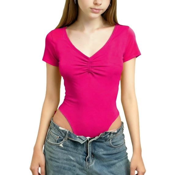 QQAMB Ballet Leotards for Girls Short Sleeve Dance Bodysuit V-Neck Cotton Gymnastics Outfits 3-15 Years