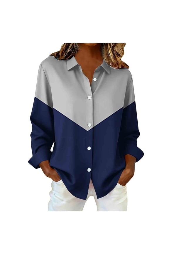 QQAMB Blouse for Women Plus Size Lapel Dressy Color Block Loose Long Sleeve Button Down Shirts Going Out Business Casual Tops