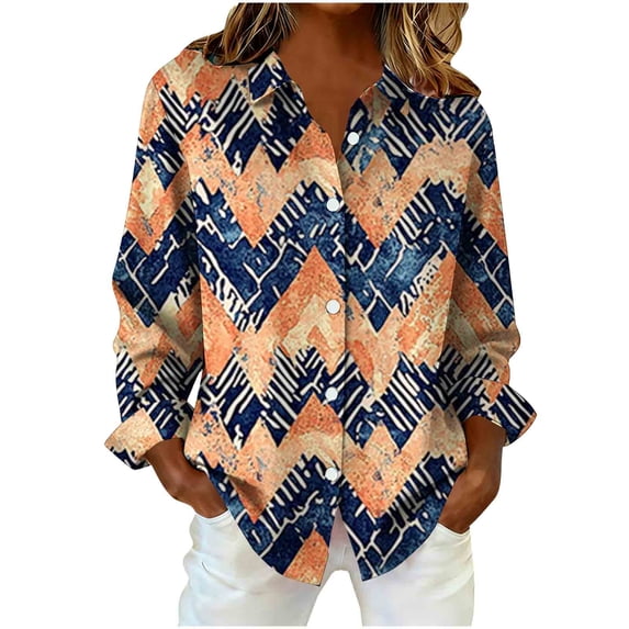 QQAMB Blouse for Women Plus Size Lapel Dressy Floral Printed Loose Long Sleeve Button Down Shirts Going Out Business Casual Tops