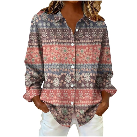 QQAMB Blouse for Women Plus Size Lapel Dressy Floral Printed Loose Long Sleeve Button Down Shirts Going Out Business Casual Tops