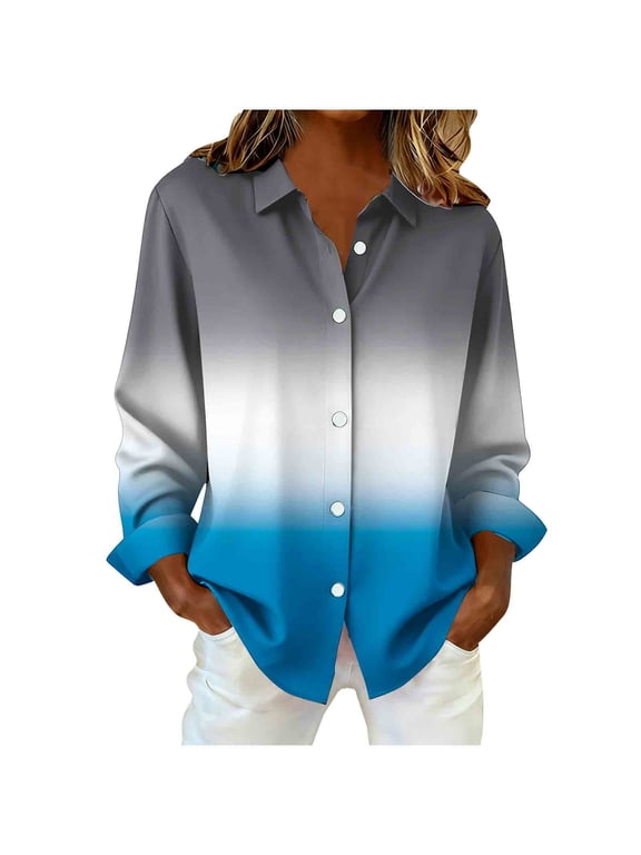 Blouse for Women Plus Size Lapel Dressy Gradient Loose Long Sleeve Button Down Shirts Going Out Business Casual Tops