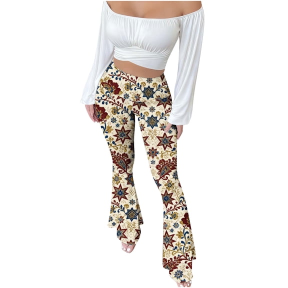 QQAMB Boho Flare Pants for Women High Waist Stretch Patchwork Booty-Lifting Leopard Print Trousers Beige 2XL