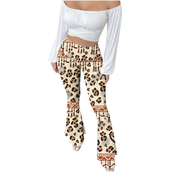 QQAMB Boho Flare Pants for Women High Waist Stretch Patchwork Booty-Lifting Leopard Print Trousers Beige 2XL