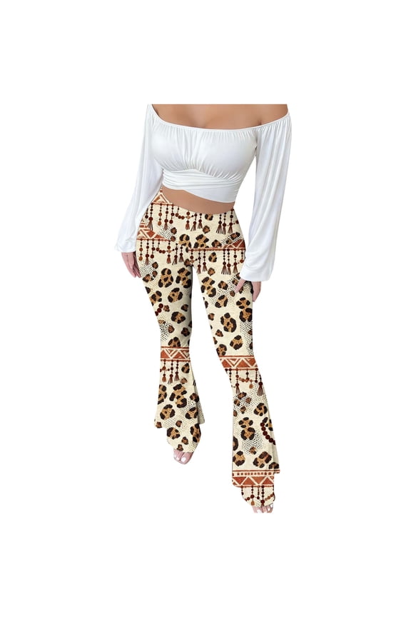 Boho Flare Pants for Women High Waist Stretch Patchwork Booty-Lifting Leopard Print Trousers Beige 3XL