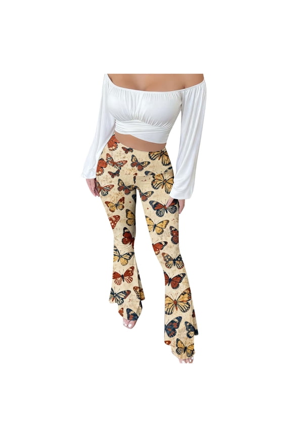 Boho Flare Pants for Women High Waist Stretch Patchwork Booty-Lifting Leopard Print Trousers Beige XL