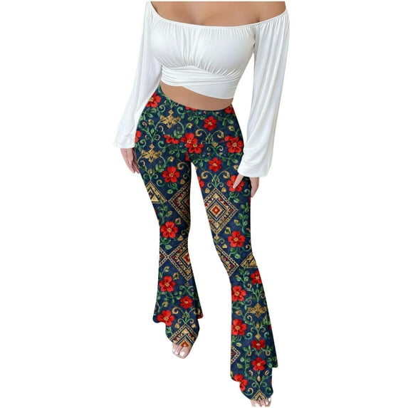 QQAMB Boho Flare Pants for Women High Waist Stretch Patchwork Booty-Lifting Leopard Print Trousers Navy M