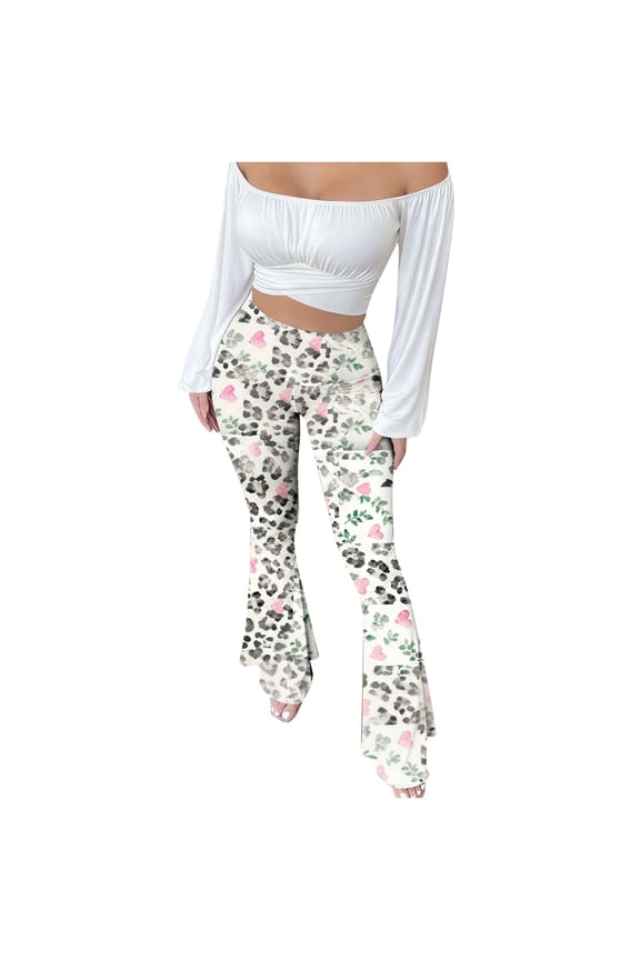 Boho Flare Pants for Women High Waist Stretch Patchwork Booty-Lifting Leopard Print Trousers White L