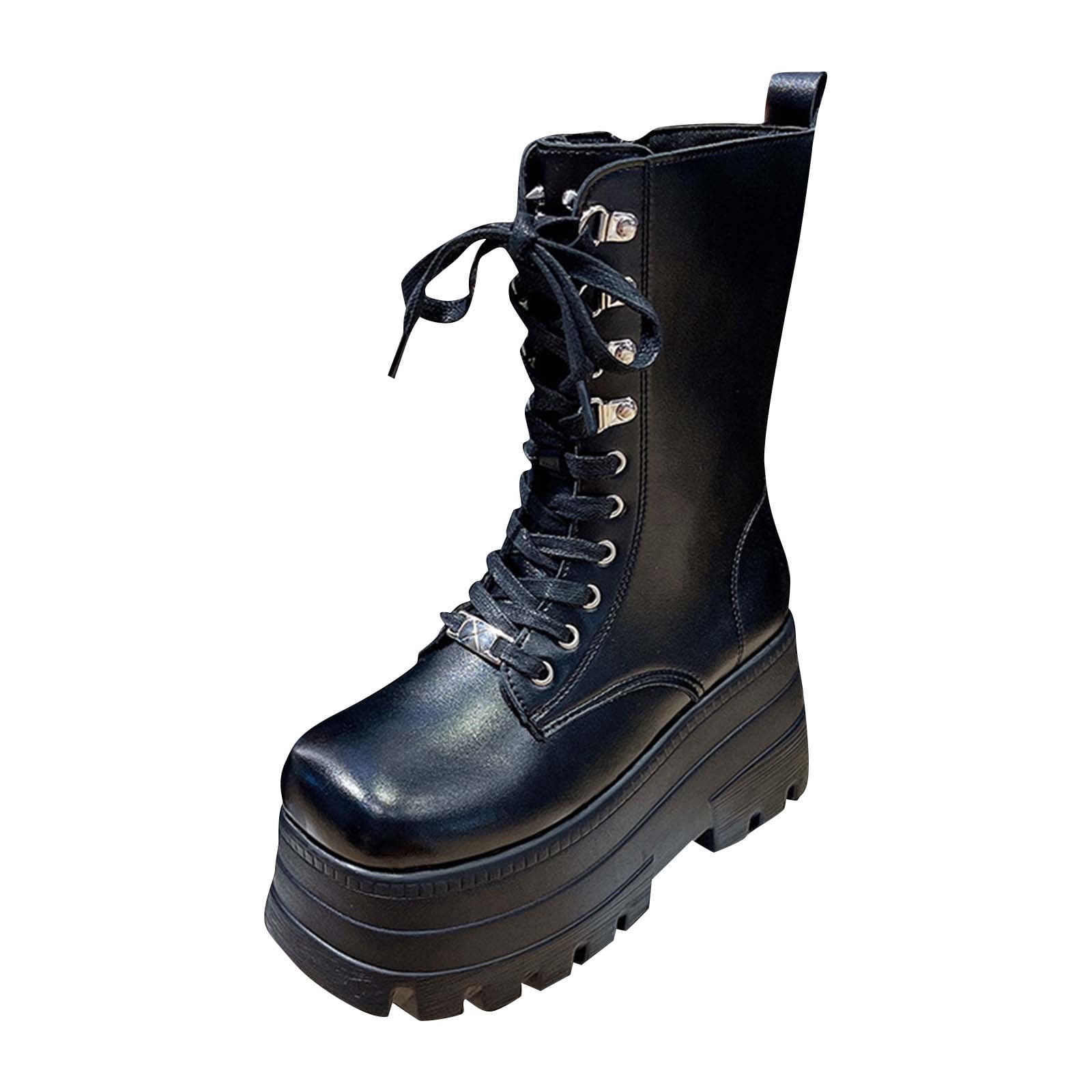 QQAMB Booties for Women Platform Mid Calf Goth Rave Lace Up Boots