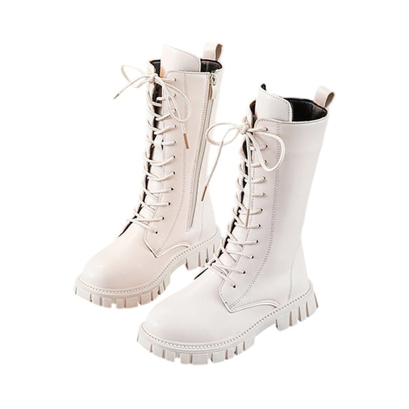 QQAMB Boots For Girls Fall Shoes Lace Up Riding Boots Mid Calf Boots Cute Boot Pu Leather Waterproof Fashion Goth Cowboy Goth Side