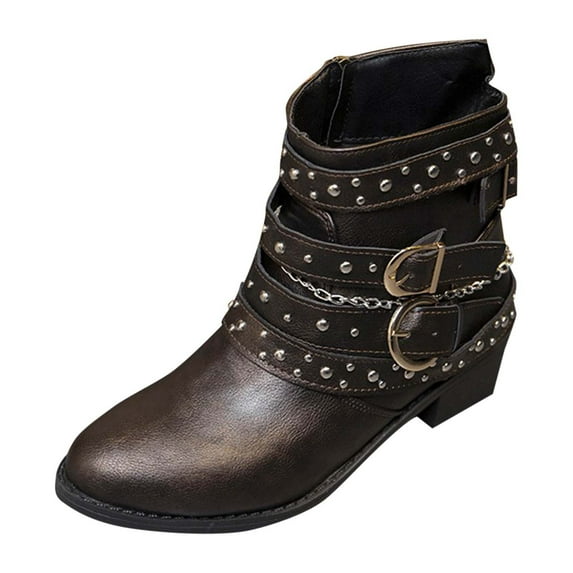 QQAMB Boots for Women Goth Leather Block Heel Ankle Boots Fashion Studded Ankle Strap Trim Punk Boots Winter Side Zipper Motorcycle Short Booties