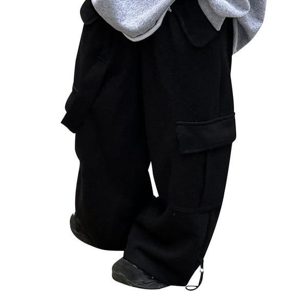 QQAMB Boys Cargo Pants Cotton Wide Leg Elastic Waisted Solid Color Baggy Loose Trousers with Pocket,11 Years