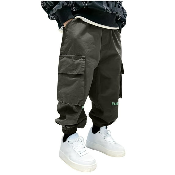 QQAMB Cargo Pants for Boys Twill Elastic Waisted Solid Color Baggy Straight Leg Joggers Pants with Multi Pockets,9 Years